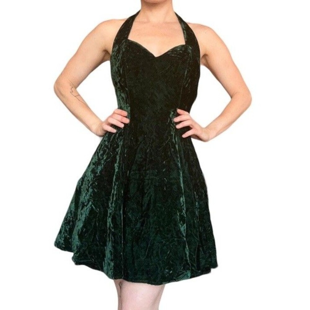 Vtg 90s Halter Green Crushed Velvet Prom Formal Dress Pouf Tulle Minidress Jr 5